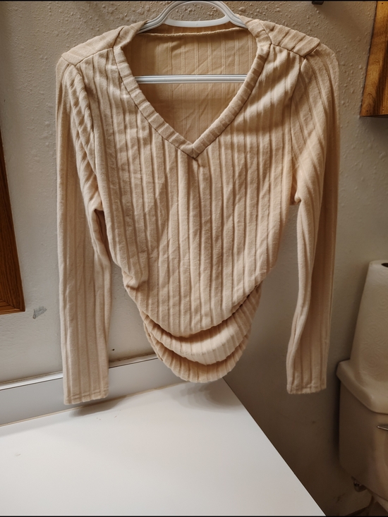 Tops - Beige Ribbed V-Neck Long Sleeve Top